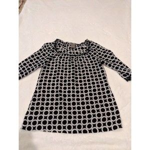 Kenar Size 4 100% Silk Blouse Black White Ruffled Top Circular Design